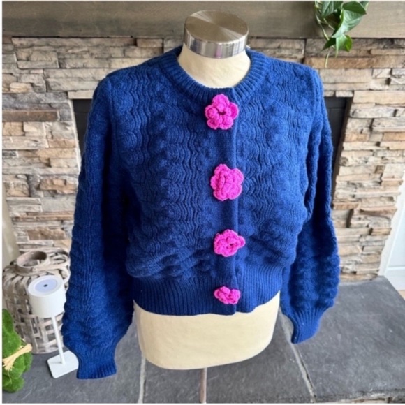 Elegant Blue Cardigan with Pink Floral Details - Picture 6 of 16